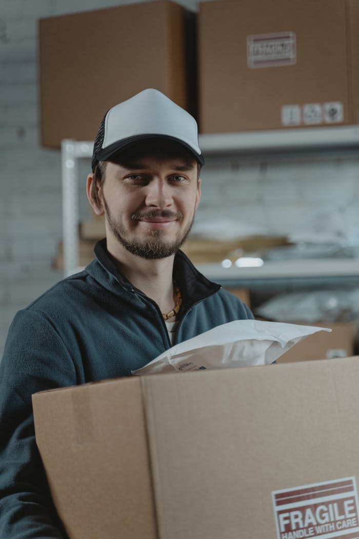 Smiling delivery worker holding a cardboard box with fragile label in a warehouse setting, emphasizing logistics services.